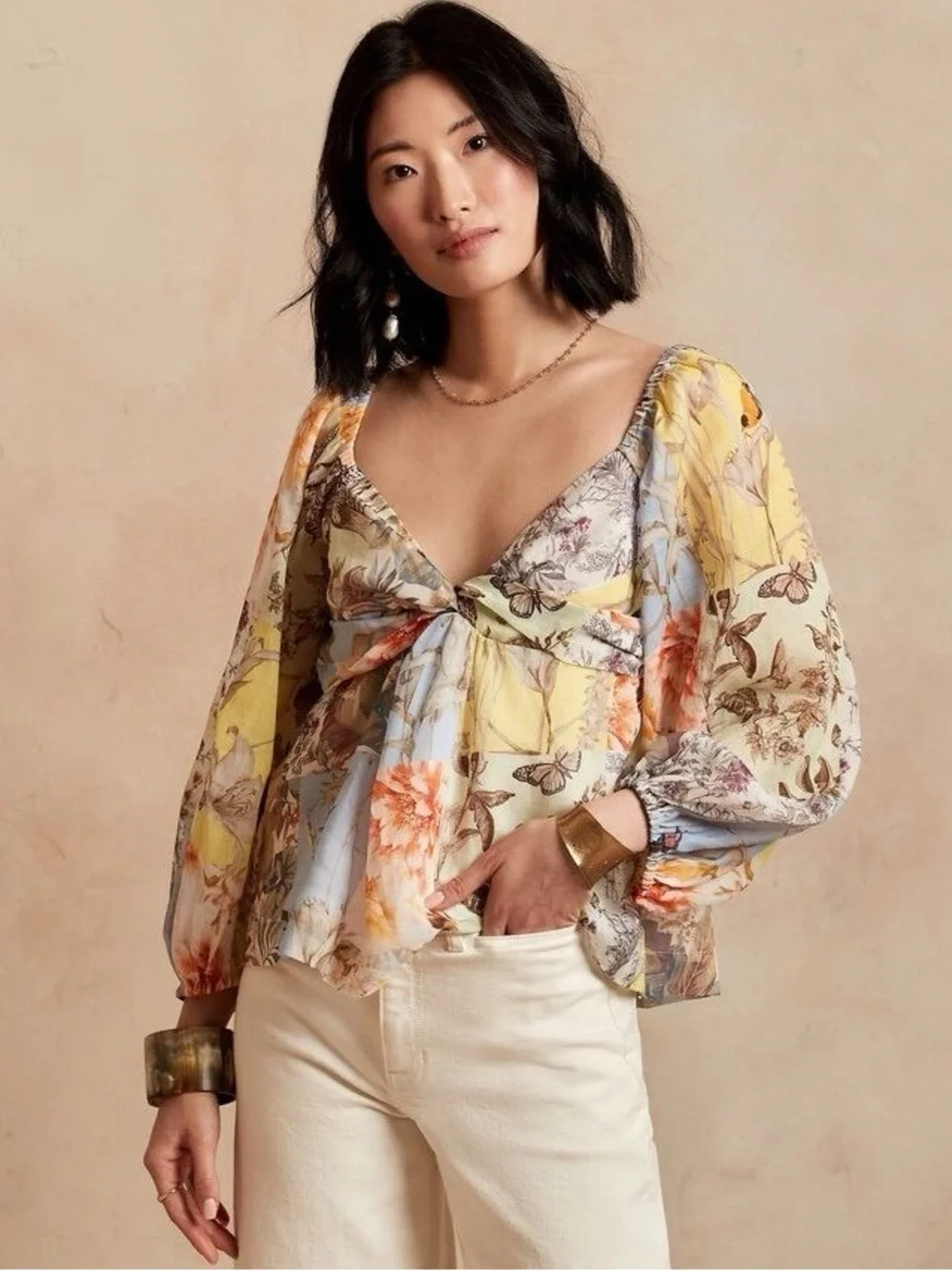 Banana Republic Patchwork Botanical Ramie Blouse Cottagecore Boho Small Tall